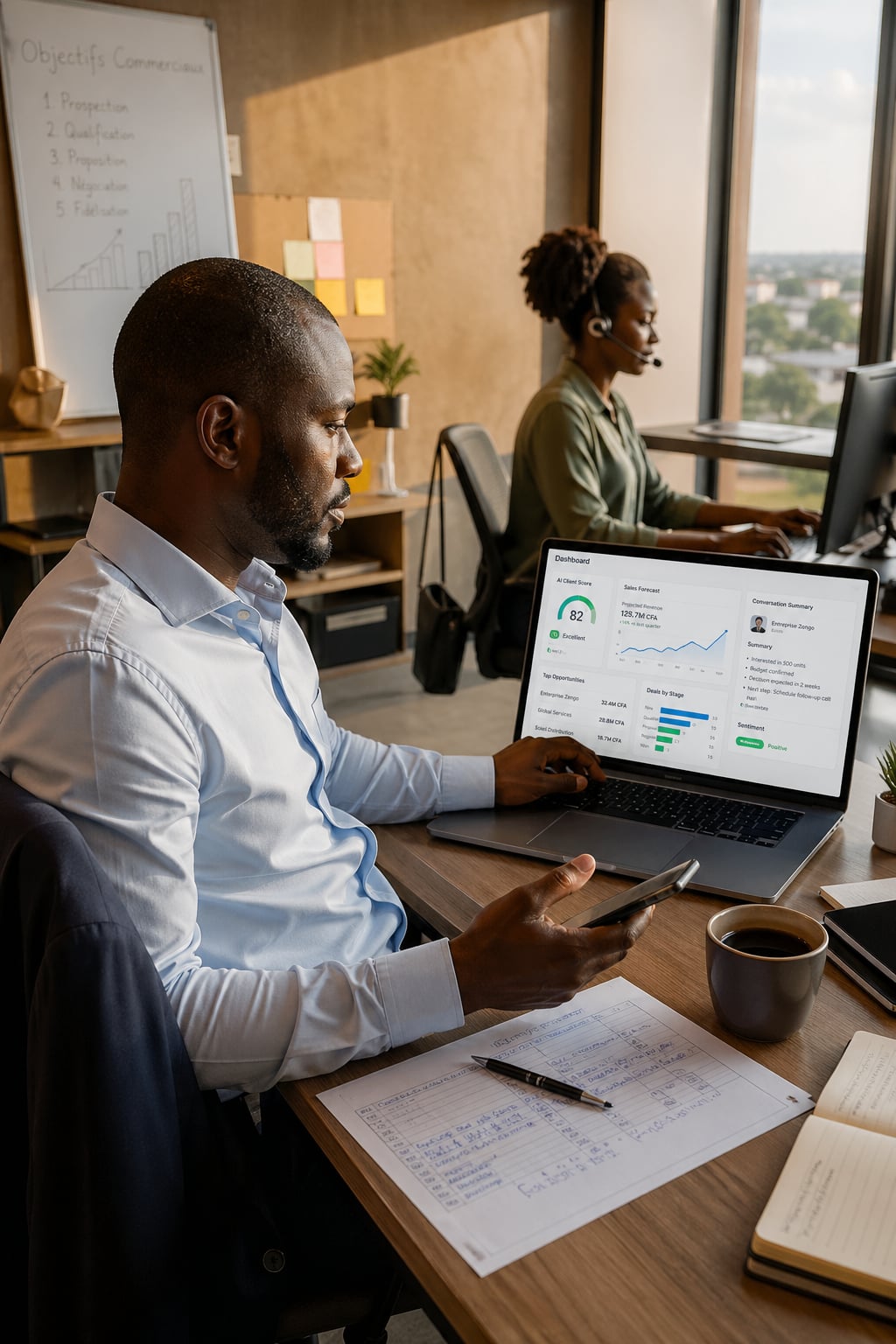 Commercial préparant un rendez-vous client avec un CRM augmenté par l'IA